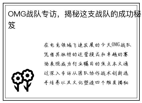 OMG战队专访，揭秘这支战队的成功秘笈